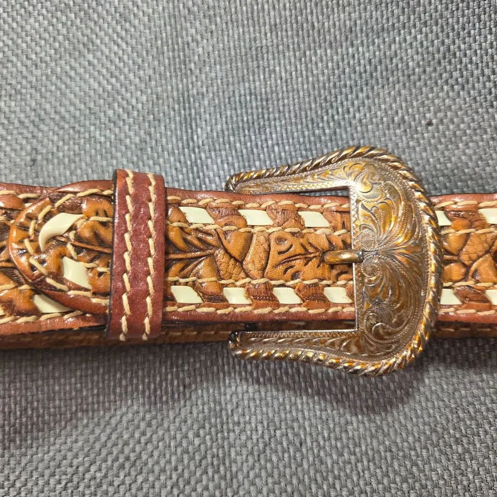 Vintage Western Hand Tooled Leather Belt Womens Small 